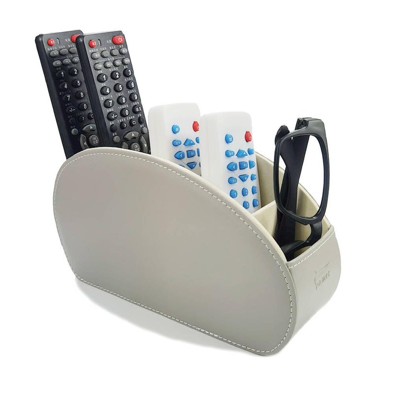 Fosinz Remote Control Holder Organizer Stable Table Desk Leather Cases Control Storage TV Remote Control Organizer with 5 Spacious Compartments (Grey with Metal Bottom) - Image 1